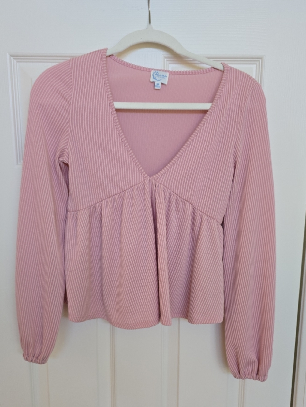 XS Pink Ribbed V-Neck Peplum Long Sleeve Top